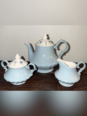 VTG 1959 Metlox Vernon Ware True Blue Tea Pot, Creamer,  Sugar Great Condition
